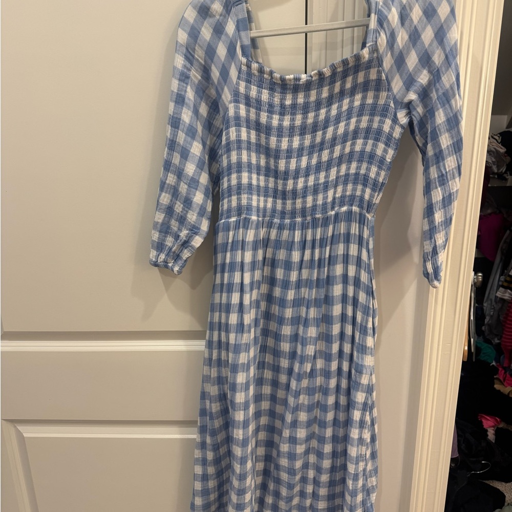 beachlunchlounge Blue and White Checkered Long Sleeve Dress